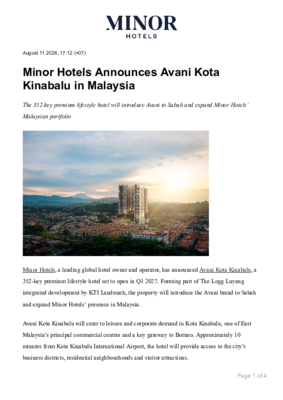 Minor Hotels Announces Avani Kota Kinabalu in Malaysia