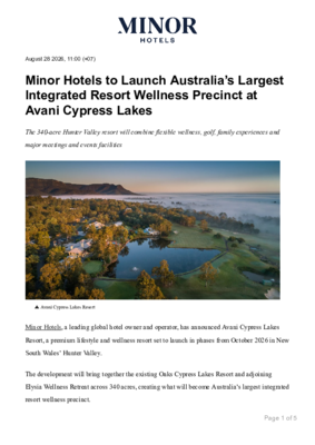 Minor Hotels to Launch Australia’s Largest Integrated Resort Wellness Precinct at Avani Cypress Lakes