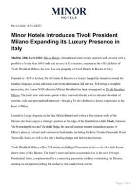 Minor Hotels Introduces Tivoli President Milano Expanding its Luxury Presence in Italy