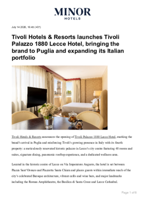 Tivoli Hotels & Resorts Launches Tivoli Palazzo 1880 Lecce Hotel, Bringing the Brand to Puglia and Expanding its Italian Portfolio