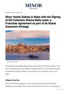 Minor Hotels Debuts in Malta with the Signing of NH Collection Sliema