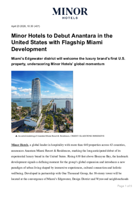 Minor Hotels to Debut Anantara in the United States with Flagship Miami Development