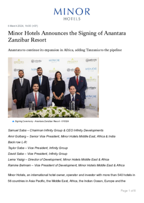 Minor Hotels Announces the Signing of Anantara Zanzibar Resort