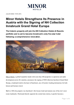 Minor Hotels Strengthens Its Presence in Austria with the Signing of NH Collection Innsburck Grand Hotel Europa
