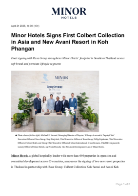 Minor Hotels Signs First Colbert Collection in Asia and New Avani Resort in Koh Phangan