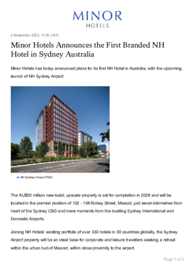 Minor Hotels Announces the First Branded NH Hotel in Sydney Australia