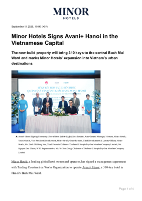 Release - Minor Hotels Signs Avani+ Hanoi in the Vietnamese Capital