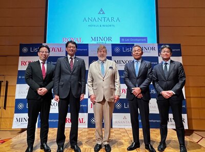 Signing Ceremony of Anantara Karuizawa Retreat on 10 July 2025. From left to right: Mr. Kohei Motoyama, President and Representative Director, Royal Minor Hotels Co., Ltd.; Mr. Masataka Abe, President and Representative Director, Royal Holdings Co., Ltd.; Mr. William E. Heinecke, Founder & Chairman, Minor International; Mr. Hisashi Kitami, President & CEO of List Co., Ltd.; Mr. Hiroyuki Kiuchi, President & COO of List Development Co., Ltd.
