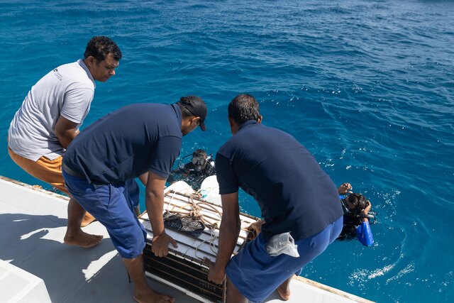Team Members at NH Collection Maldives Reethi Resort Placing New Cage of Planteray Rum to Begin the Year-Long Undersea Ageing Process.jpg