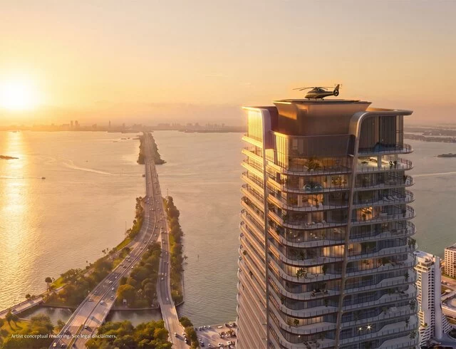 Anantara Miami Resort & Residences - aerial view exterior with helipad - rendering. CREDIT: GLADSTONE IMMERSIVE