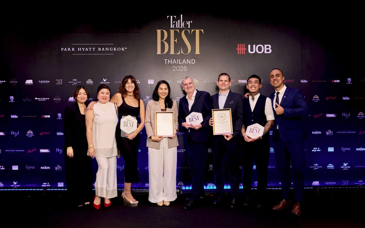 Tatler Best Thailand 2026: Jularak Cholharn Senior Director of Public Relations, Minor Hotels; Supaarpha Itthikaiwan; Director of Marketing Communications, Chiang Mai; Francesca Hull, Cluster Director of PR, Phuket; Tudsaporn Jaiboonchuen, General Manager of Anantara Chiang Mai Resort; Mark Thomson, Group Director of Public Relations, Minor Hotels, Jean Marc Pougnet; General Manager of Anantara Golden Triangle Elephant Camp and Resort; Ryan Germino, Head Mixologist and Bar Manager, AQUA Bar, Remy Mezino, Executive Assistant Manager, Anantara Siam Bangkok Hotel.