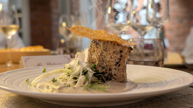 Crossing the Madeira Currents - Local job fish, confit plantain puree and prawn coral tuile - Caravela at NH Collection Maldives Reethi Resort.png