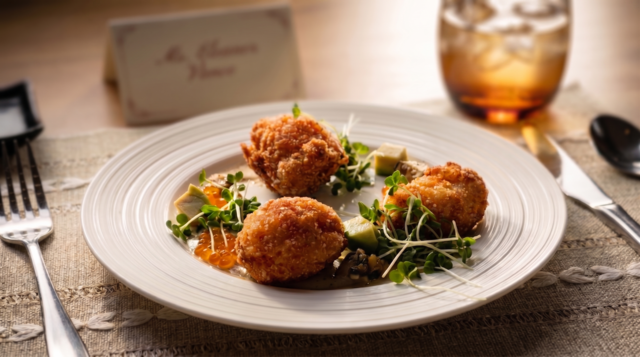 First Light of the Atlantic - King Crab fritters with ikura and lime-yuzu vinaigrette - Caravela at NH Collection Maldives Reethi Resort.png