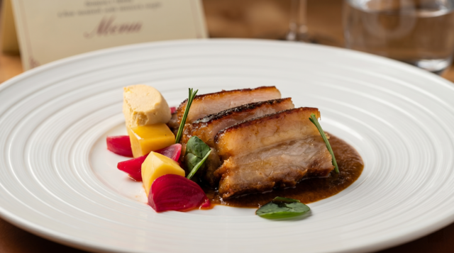 Benguela Shores at Dusk - 12-hour sous vide pork belly glazed with smoky chilli and Spanish chorizo jus - Caravela at NH Collection Maldives Reethi Resort.png