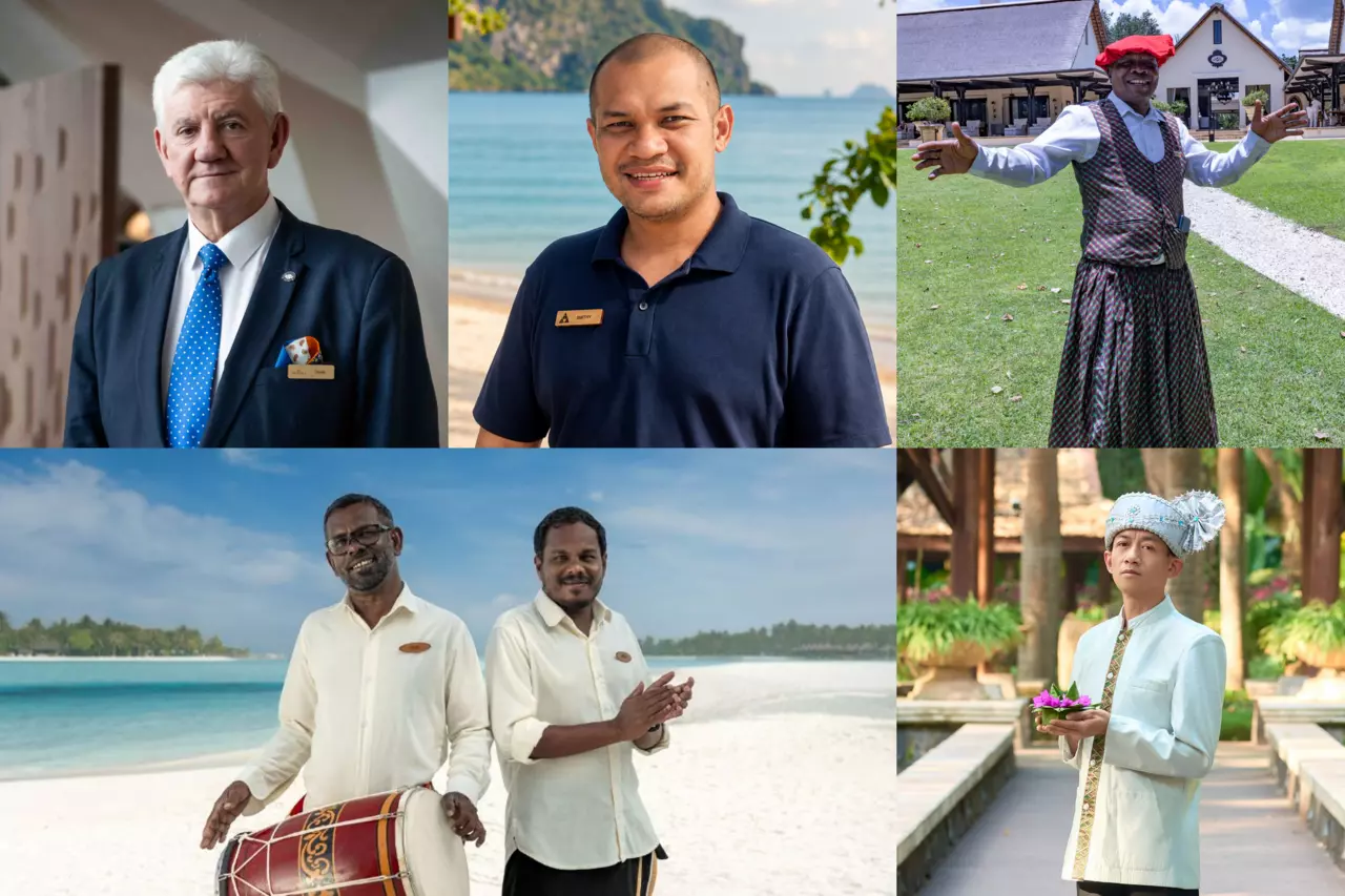 People Who Inspire - World Tourism Day (Pictured from top left corner, clockwise): Derek Brennan (Anantara The Marker Dublin Hotel), Smithy (Anantara Koh Yao Yai Resort & Villas), Edward Minyoyi (The Royal Livingstone Victoria Falls Zambia Hotel by Anantara), Yan Penghan (Anantara Xishuanbanna), Sambe and Rilwan (Anantara Veli and Anantara Dhigu Maldives Resorts)