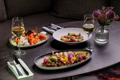 Anantara_The_Marker_Dublin_Bar_The_Marker_Bar_&_Lounge_Table_Set_Up_Salmon_Chicken_Salad_White_Wine_General_Shoot_Cutlery_Landscape