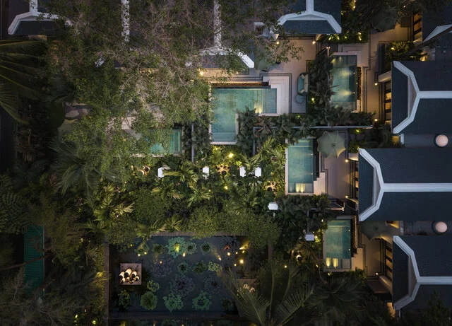 Anantara_Siam_Bangkok_Hotel_Guest_Room_Garden_Pool_Villa_Evening_Exterior_Drone_View