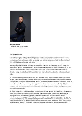 Bio - Mr HE Xiaopeng, Chairman and CEO of XPENG