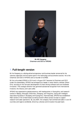 Bio - Mr HE Xiaopeng, Chairman and CEO of XPENG