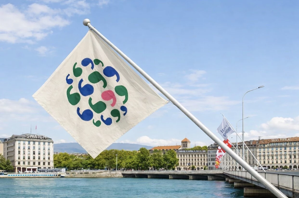 A mockup of the Earth Prize flags on Mont Blanc Bridge in Geneva