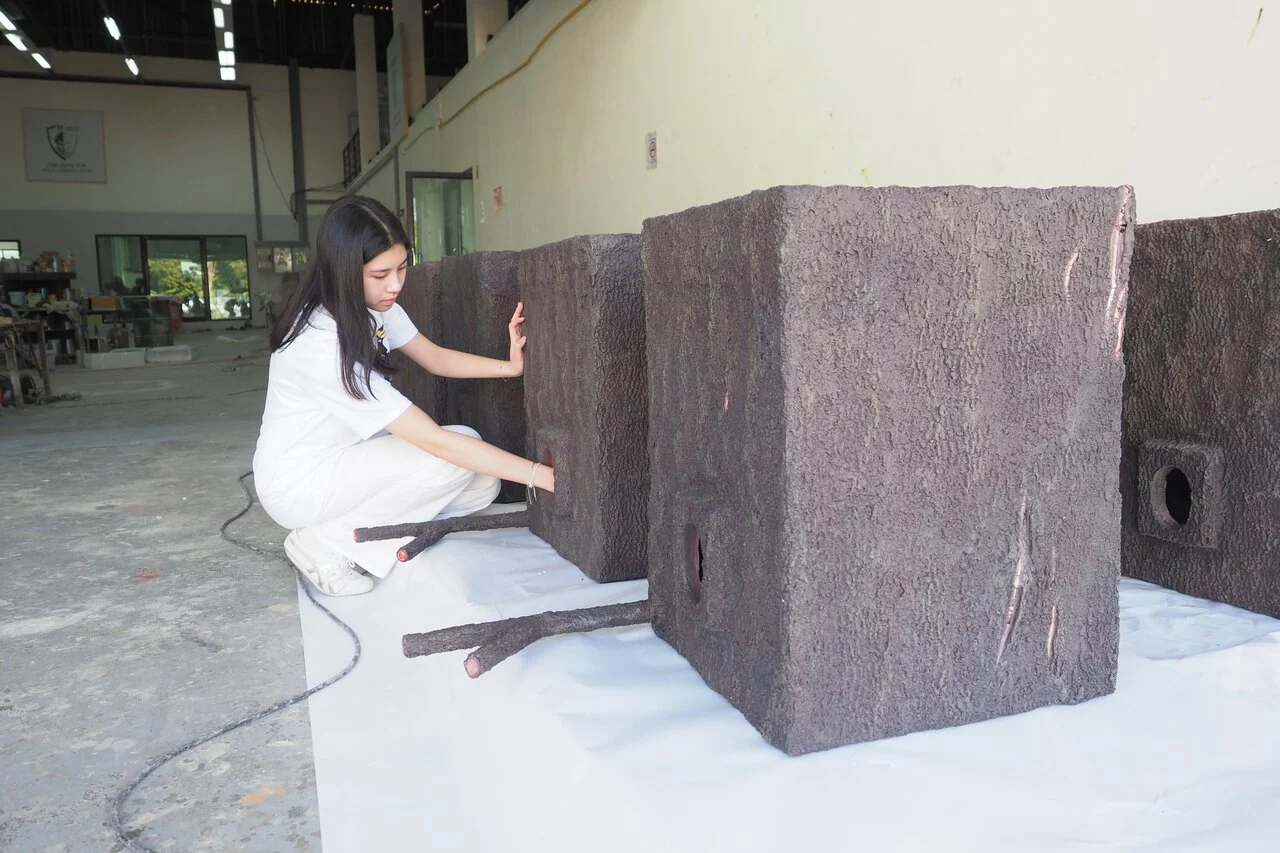 Proud inspecting the artificial nests made from upcycled plastic bottles