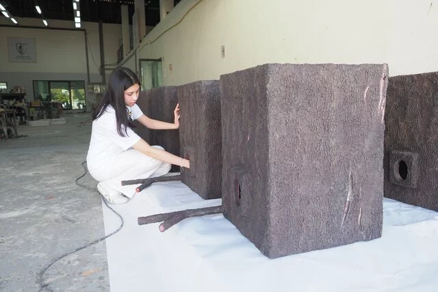 Proud inspecting the artificial nests made from upcycled plastic bottles