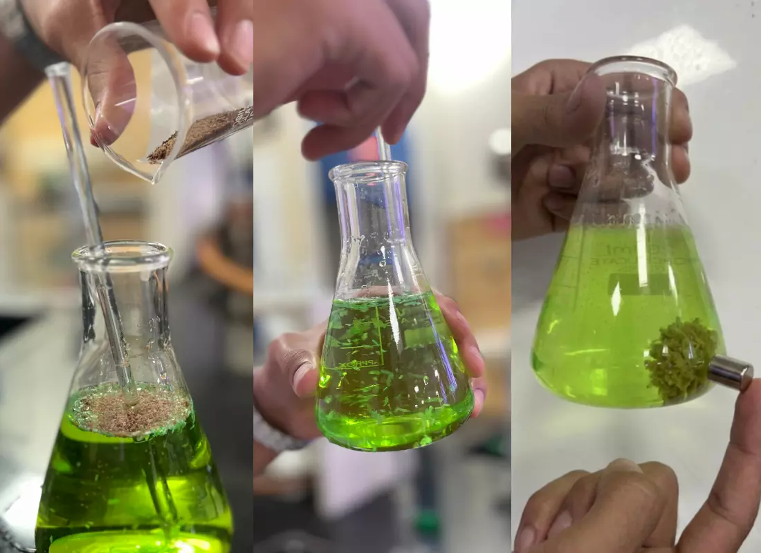 3-phase demonstration - Adding the powder to coloured water, mixing, and attracting clumped microplastics using a handheld magnet