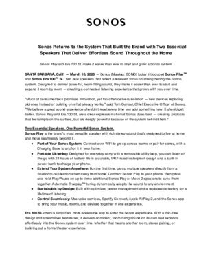 Sonos Play & Era 100 SL - Press Release