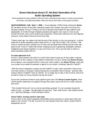 Sonos 27 press release