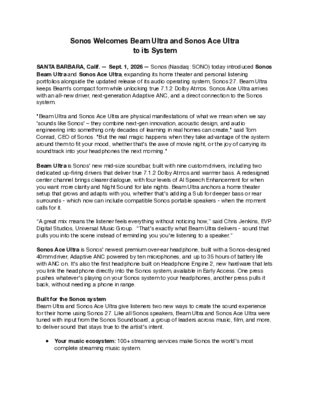 Sonos Beam Ultra Ace Ultra press release