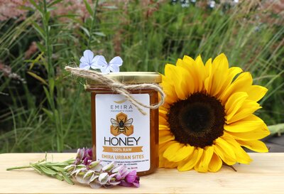 Jar of honey from Emira's beehives.JPG