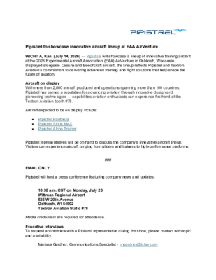 0726_Pipistrel_EAA AirVenture_Media Advisory